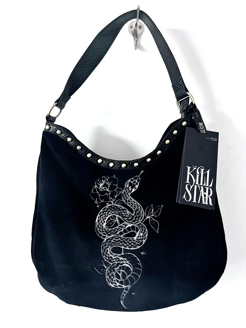 Killstar Serpent and Thorn Black Shoulder Hobo Bag Embroidered Snake and Rose